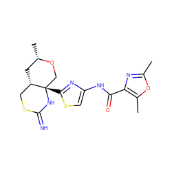 Cc1nc(C(=O)Nc2csc([C@]34CO[C@@H](C)C[C@H]3CSC(=N)N4)n2)c(C)o1 ZINC001772605014