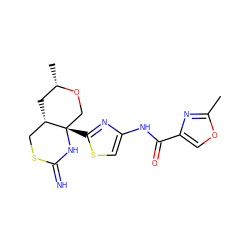 Cc1nc(C(=O)Nc2csc([C@]34CO[C@@H](C)C[C@H]3CSC(=N)N4)n2)co1 ZINC001772587033