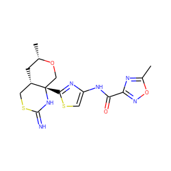 Cc1nc(C(=O)Nc2csc([C@]34CO[C@@H](C)C[C@H]3CSC(=N)N4)n2)no1 ZINC001772613816