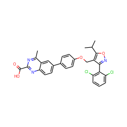 Cc1nc(C(=O)O)nc2ccc(-c3ccc(OCc4c(-c5c(Cl)cccc5Cl)noc4C(C)C)cc3)cc12 ZINC000066112891