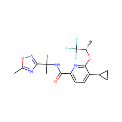 Cc1nc(C(C)(C)NC(=O)c2ccc(C3CC3)c(O[C@@H](C)C(F)(F)F)n2)no1 ZINC000206692759