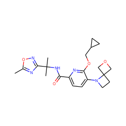 Cc1nc(C(C)(C)NC(=O)c2ccc(N3CCC34COC4)c(OCC3CC3)n2)no1 ZINC000206690745