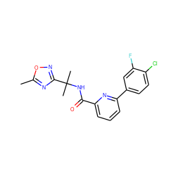 Cc1nc(C(C)(C)NC(=O)c2cccc(-c3ccc(Cl)c(F)c3)n2)no1 ZINC000206688094