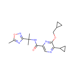 Cc1nc(C(C)(C)NC(=O)c2cnc(C3CC3)c(OCC3CC3)n2)no1 ZINC000207371657