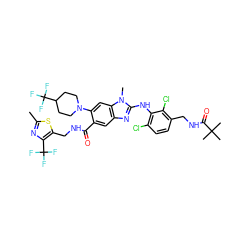 Cc1nc(C(F)(F)F)c(CNC(=O)c2cc3nc(Nc4c(Cl)ccc(CNC(=O)C(C)(C)C)c4Cl)n(C)c3cc2N2CCC(C(F)(F)F)CC2)s1 ZINC000169701033