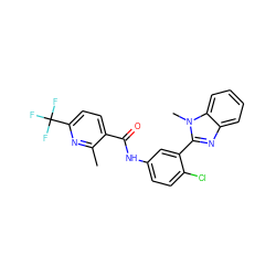 Cc1nc(C(F)(F)F)ccc1C(=O)Nc1ccc(Cl)c(-c2nc3ccccc3n2C)c1 ZINC000045288573