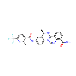 Cc1nc(C(F)(F)F)ccc1C(=O)Nc1cccc([C@@H](C)Nc2ncnc3c(C(N)=O)cccc23)c1 ZINC000114346058