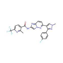 Cc1nc(C(F)(F)F)ccc1C(=O)Nc1cn2nc(-c3cn(C)nc3-c3ccc(F)cc3)ccc2n1 ZINC001772625639