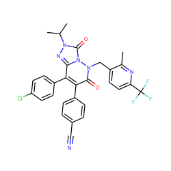 Cc1nc(C(F)(F)F)ccc1Cn1c(=O)c(-c2ccc(C#N)cc2)c(-c2ccc(Cl)cc2)c2nn(C(C)C)c(=O)n21 ZINC000169346550