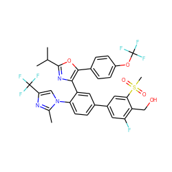 Cc1nc(C(F)(F)F)cn1-c1ccc(-c2cc(F)c(CO)c(S(C)(=O)=O)c2)cc1-c1nc(C(C)C)oc1-c1ccc(OC(F)(F)F)cc1 ZINC000221270319