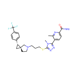 Cc1nc(C(N)=O)ccc1-c1nnc(SCCCN2CC[C@]3(C[C@@H]3c3ccc(C(F)(F)F)cc3)C2)n1C ZINC001772633734