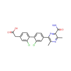 Cc1nc(C)c(-c2ccc(-c3ccc(CC(=O)O)cc3Cl)c(Cl)c2)nc1C(N)=O ZINC000068247809