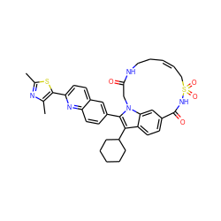 Cc1nc(C)c(-c2ccc3cc(-c4c(C5CCCCC5)c5ccc6cc5n4CC(=O)NCC/C=C\CS(=O)(=O)NC6=O)ccc3n2)s1 ZINC000096172342