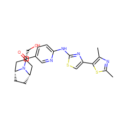 Cc1nc(C)c(-c2csc(Nc3ccc(C(=O)N4[C@H]5CC[C@@H]4C[C@H](CO)C5)cn3)n2)s1 ZINC001772578120