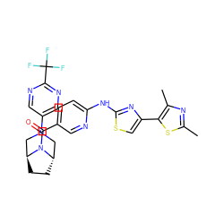 Cc1nc(C)c(-c2csc(Nc3ccc(C(=O)N4[C@H]5CC[C@H]4CN(c4cnc(C(F)(F)F)nc4)C5)cn3)n2)s1 ZINC001772572394