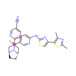 Cc1nc(C)c(-c2csc(Nc3ccc(C(=O)N4[C@H]5CC[C@H]4CN(c4ncc(C#N)cn4)C5)cn3)n2)s1 ZINC001772644596