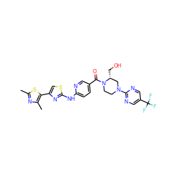 Cc1nc(C)c(-c2csc(Nc3ccc(C(=O)N4CCN(c5ncc(C(F)(F)F)cn5)C[C@H]4CO)cn3)n2)s1 ZINC001772609380