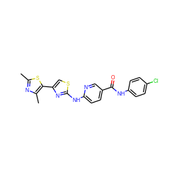 Cc1nc(C)c(-c2csc(Nc3ccc(C(=O)Nc4ccc(Cl)cc4)cn3)n2)s1 ZINC001772573537