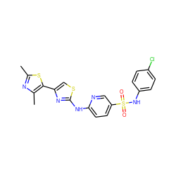 Cc1nc(C)c(-c2csc(Nc3ccc(S(=O)(=O)Nc4ccc(Cl)cc4)cn3)n2)s1 ZINC001772624856