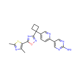 Cc1nc(C)c(-c2nc(C3(c4ccc(-c5cnc(N)nc5)nc4)CCC3)no2)s1 ZINC000096175499