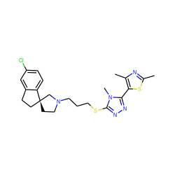 Cc1nc(C)c(-c2nnc(SCCCN3CC[C@]4(CCc5cc(Cl)ccc54)C3)n2C)s1 ZINC000064548485