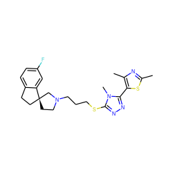 Cc1nc(C)c(-c2nnc(SCCCN3CC[C@]4(CCc5ccc(F)cc54)C3)n2C)s1 ZINC000064539578