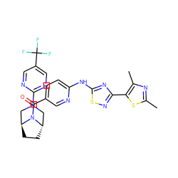 Cc1nc(C)c(-c2nsc(Nc3ccc(C(=O)N4[C@H]5CC[C@H]4CN(c4ncc(C(F)(F)F)cn4)C5)cn3)n2)s1 ZINC001772629014