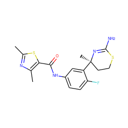 Cc1nc(C)c(C(=O)Nc2ccc(F)c([C@]3(C)CCSC(N)=N3)c2)s1 ZINC000147602824