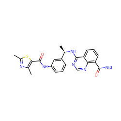 Cc1nc(C)c(C(=O)Nc2cccc([C@@H](C)Nc3ncnc4c(C(N)=O)cccc34)c2)s1 ZINC000114399173