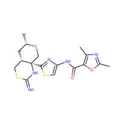 Cc1nc(C)c(C(=O)Nc2csc([C@@]34CO[C@@H](C)C[C@H]3CSC(=N)N4)n2)o1 ZINC001772581566