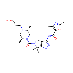 Cc1nc(C)c(C(=O)Nc2n[nH]c3c2CN(C(=O)N2C[C@@H](C)N(CCCO)C[C@@H]2C)C3(C)C)o1 ZINC000114183190