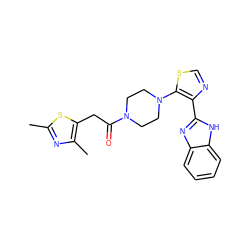 Cc1nc(C)c(CC(=O)N2CCN(c3scnc3-c3nc4ccccc4[nH]3)CC2)s1 ZINC000205451414