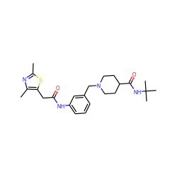 Cc1nc(C)c(CC(=O)Nc2cccc(CN3CCC(C(=O)NC(C)(C)C)CC3)c2)s1 ZINC001772593832