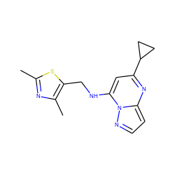 Cc1nc(C)c(CNc2cc(C3CC3)nc3ccnn23)s1 ZINC000144710189