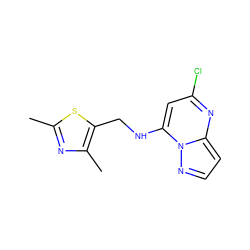 Cc1nc(C)c(CNc2cc(Cl)nc3ccnn23)s1 ZINC000263620440