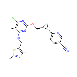 Cc1nc(C)c(CNc2nc(OC[C@H]3C[C@@H]3c3ccc(C#N)cn3)nc(Cl)c2C)s1 ZINC000653784872