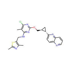 Cc1nc(C)c(CNc2nc(OC[C@H]3C[C@@H]3c3ccc4ncccc4n3)nc(Cl)c2C)s1 ZINC000653803800