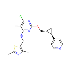 Cc1nc(C)c(CNc2nc(OC[C@H]3C[C@H]3c3ccncc3)nc(Cl)c2C)s1 ZINC000653782782