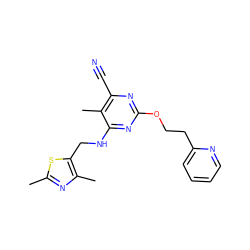 Cc1nc(C)c(CNc2nc(OCCc3ccccn3)nc(C#N)c2C)s1 ZINC000114802210