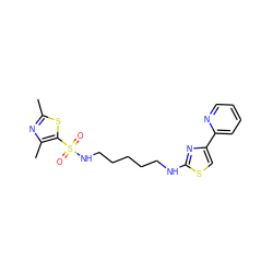 Cc1nc(C)c(S(=O)(=O)NCCCCCNc2nc(-c3ccccn3)cs2)s1 ZINC000073140459