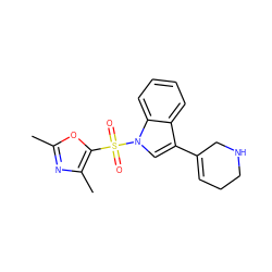 Cc1nc(C)c(S(=O)(=O)n2cc(C3=CCCNC3)c3ccccc32)o1 ZINC000028525810