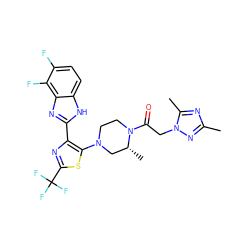 Cc1nc(C)n(CC(=O)N2CCN(c3sc(C(F)(F)F)nc3-c3nc4c(F)c(F)ccc4[nH]3)C[C@H]2C)n1 ZINC000143841159