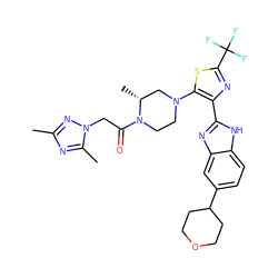 Cc1nc(C)n(CC(=O)N2CCN(c3sc(C(F)(F)F)nc3-c3nc4cc(C5CCOCC5)ccc4[nH]3)C[C@H]2C)n1 ZINC001772603822