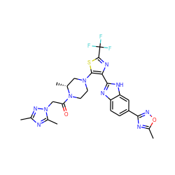 Cc1nc(C)n(CC(=O)N2CCN(c3sc(C(F)(F)F)nc3-c3nc4ccc(-c5noc(C)n5)cc4[nH]3)C[C@H]2C)n1 ZINC000143671229