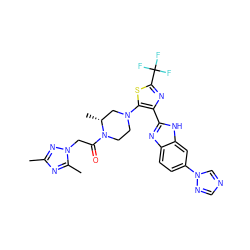 Cc1nc(C)n(CC(=O)N2CCN(c3sc(C(F)(F)F)nc3-c3nc4ccc(-n5cncn5)cc4[nH]3)C[C@H]2C)n1 ZINC000143724450