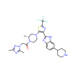 Cc1nc(C)n(CC(=O)N2CCN(c3sc(C(F)(F)F)nc3-c3nc4ccc(C5CCNCC5)cc4[nH]3)C[C@H]2C)n1 ZINC000143787659