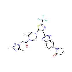 Cc1nc(C)n(CC(=O)N2CCN(c3sc(C(F)(F)F)nc3-c3nc4ccc(N5CCCC5=O)cc4[nH]3)C[C@H]2C)n1 ZINC000143721888