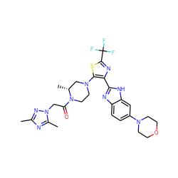 Cc1nc(C)n(CC(=O)N2CCN(c3sc(C(F)(F)F)nc3-c3nc4ccc(N5CCOCC5)cc4[nH]3)C[C@H]2C)n1 ZINC000143694027