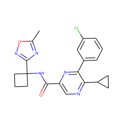 Cc1nc(C2(NC(=O)c3cnc(C4CC4)c(-c4cccc(Cl)c4)n3)CCC2)no1 ZINC000207339311