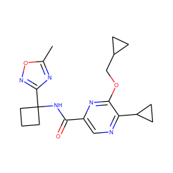 Cc1nc(C2(NC(=O)c3cnc(C4CC4)c(OCC4CC4)n3)CCC2)no1 ZINC000207345136